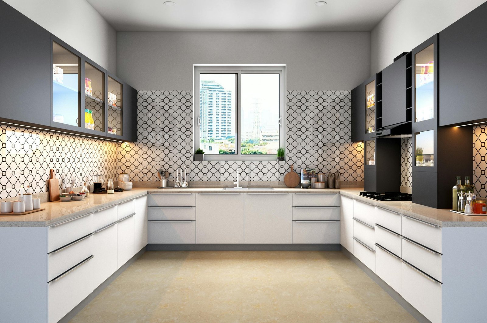 Sleek modular kitchen with contemporary cabinets and tile backsplash, showcasing urban style.